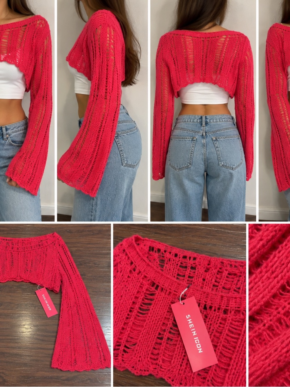 SHEIN Hot Pink Open-Knit Cropped Sweater